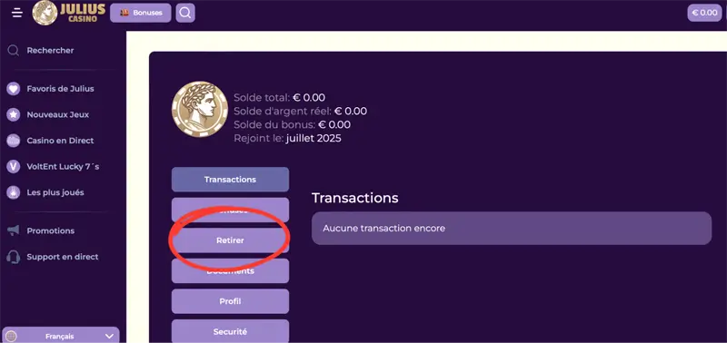 étape 2 retrait julius casino