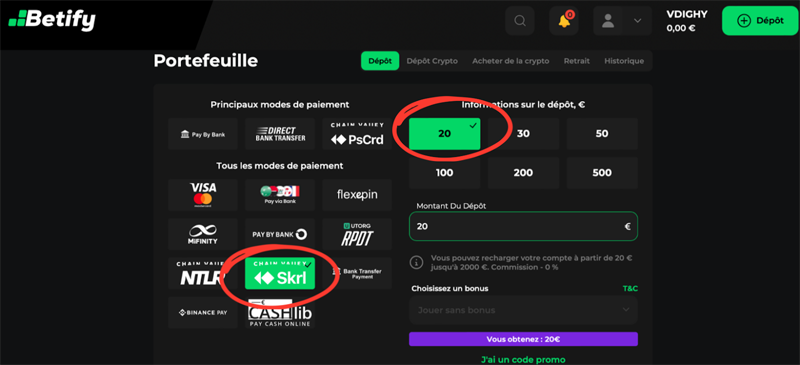 étape 3 déposer betify paris sportifs étrangers