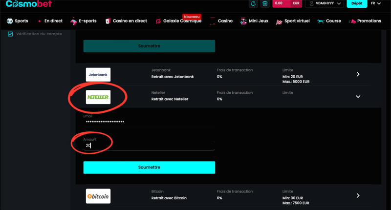 étape 3 retrait cosmobet paris sportifs étrangers