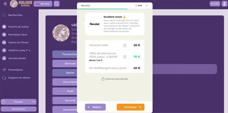 étape 5 retrait julius casino
