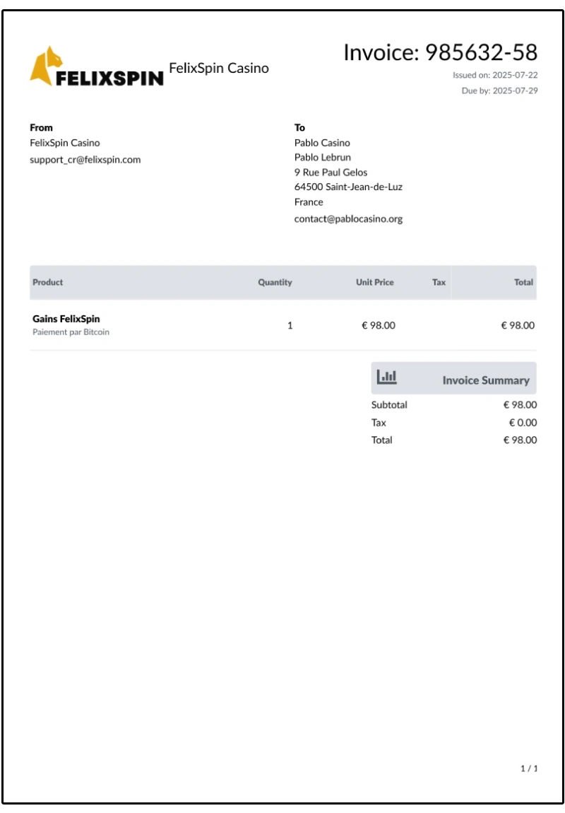 Preuve de retrait FelixSpin Casino