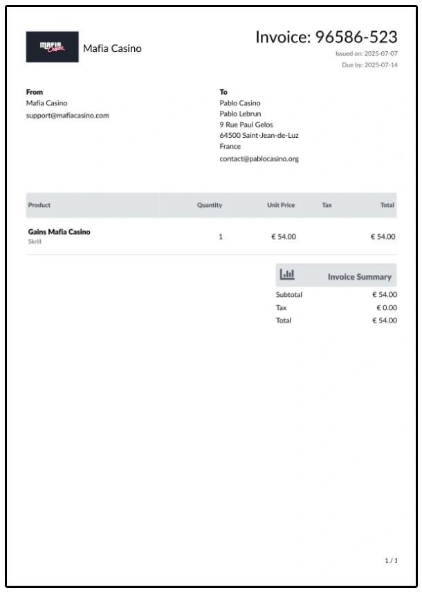 Preuve de paiement Mafia Casino