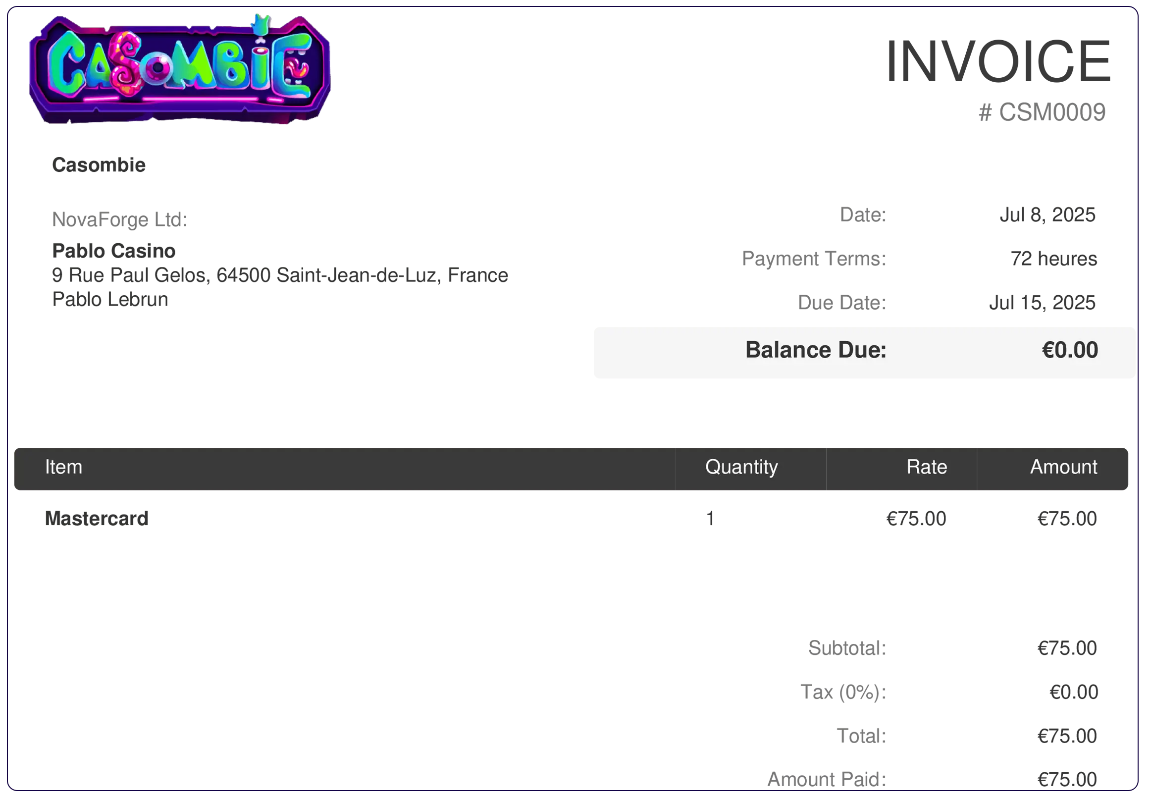 reçu de transaction casombie