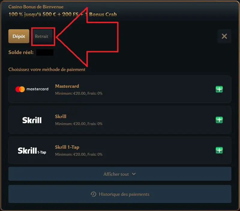 retrait 2 choisir une méthode de paiement talismania casino