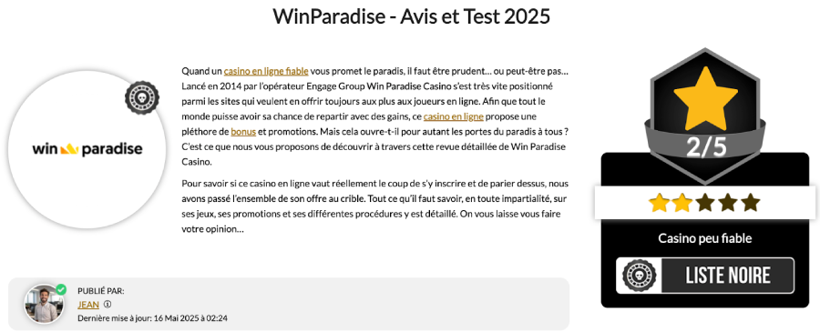 Avis de critique Jeu sur Win Paradise