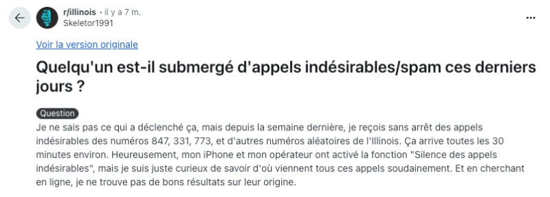 Capture d'écran d'une plainte de spam