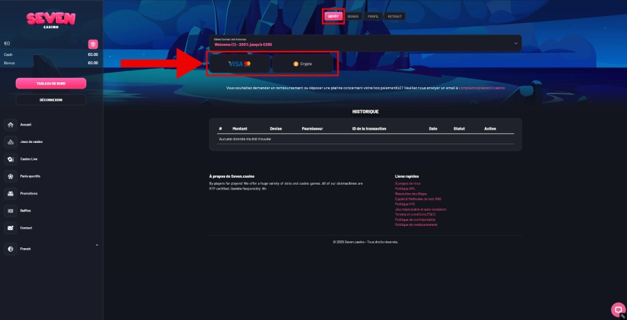 Faire un dépôt sur Seven Casino étape3