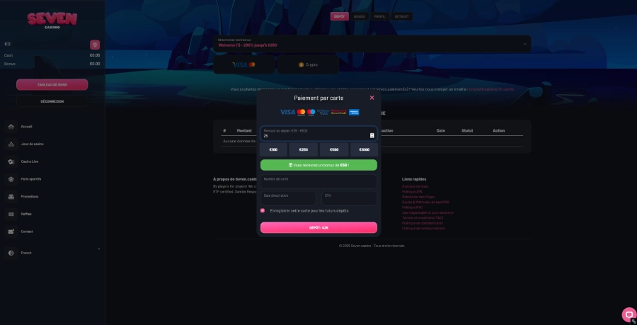 Faire un dépôt sur Seven Casino étape4