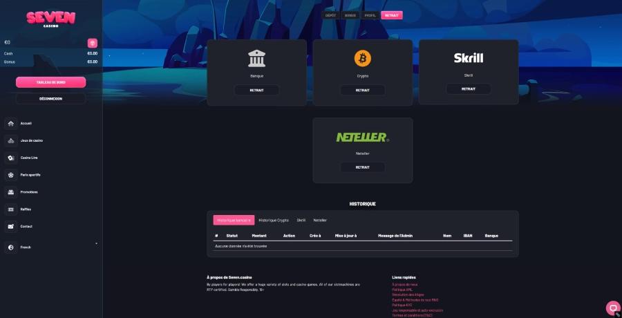 Faire un retrait sur Seven Casino étape3