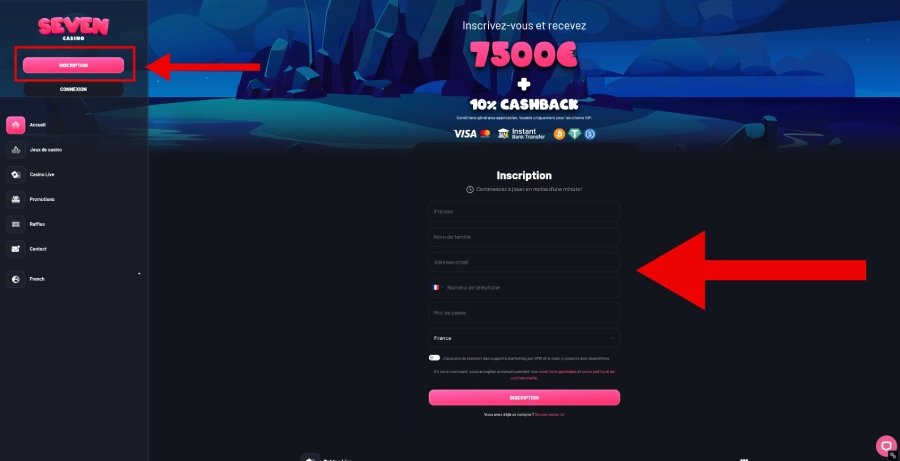 Inscription sur Seven Casino étape1
