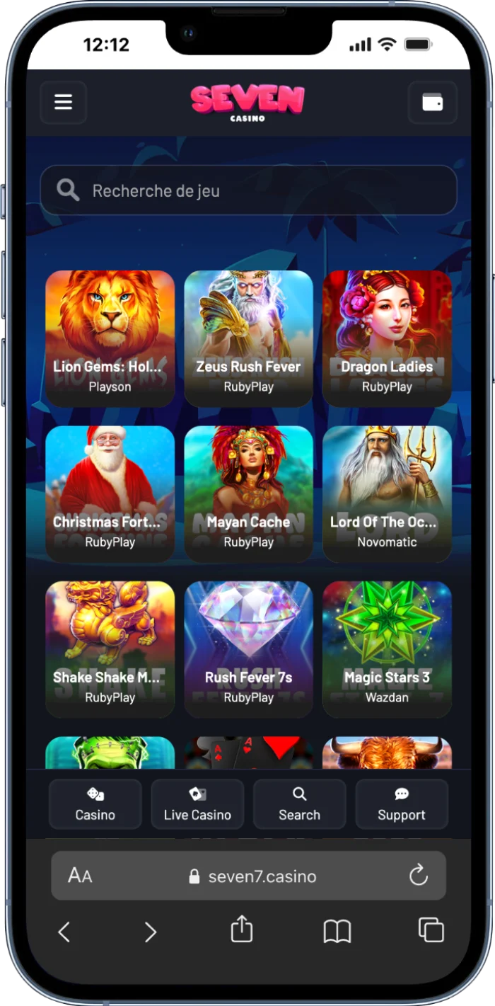 Interface Seven Casino sur mobile