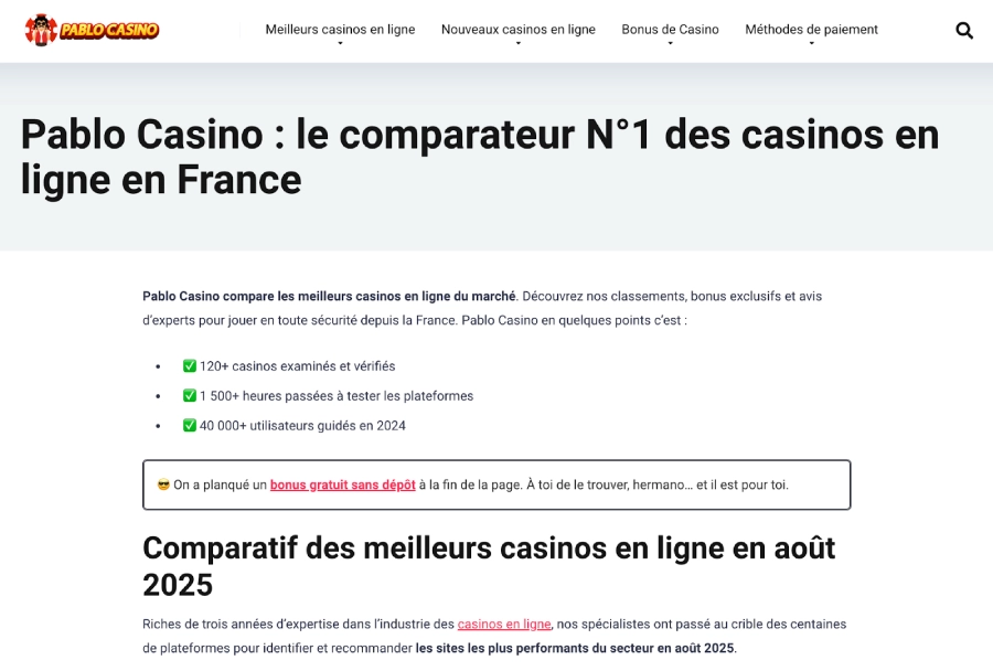 Le comparateur des casinos en ligne France sur Pablo Casino