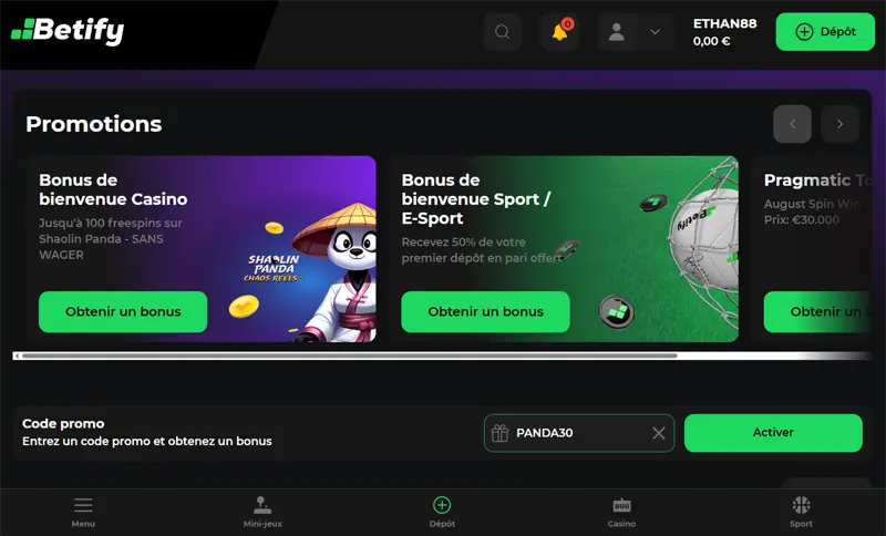 betify dépôt minimum de 1 €