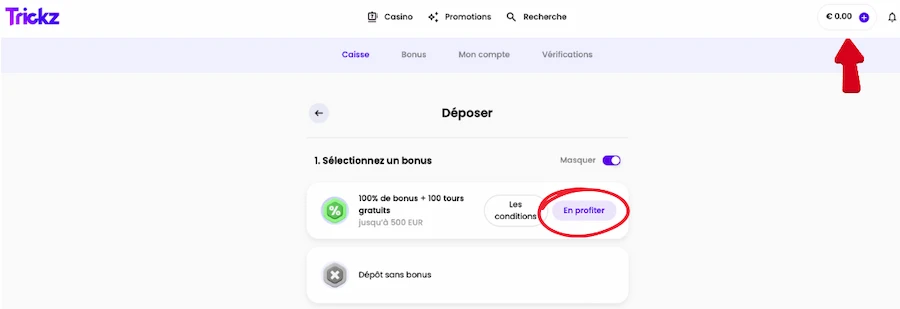dépôt sur Trickz Casino étape 1