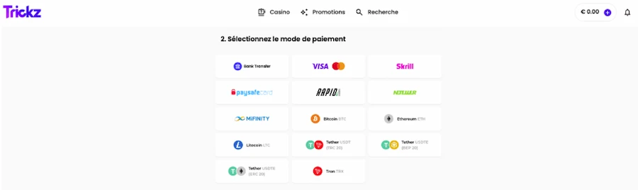 dépôt sur Trickz Casino étape 2