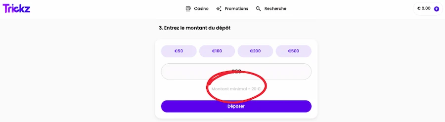 dépôt sur Trickz Casino étape 3