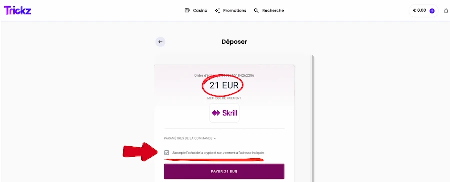 dépôt sur Trickz Casino étape 4