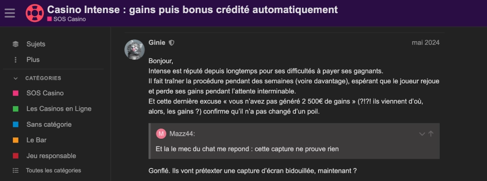 capture d'écran d’un témoignage sur SOS Casino Forum