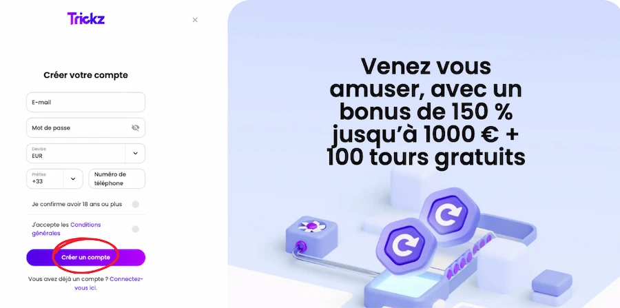inscription sur Trickz Casino étape 2