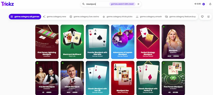 jeux de table sur Trickz Casino