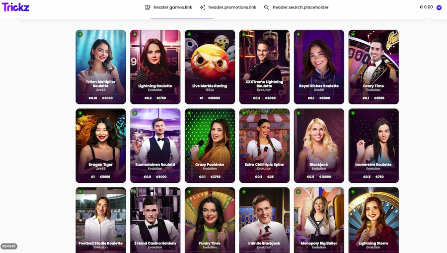 jeux live sur Trickz Casino