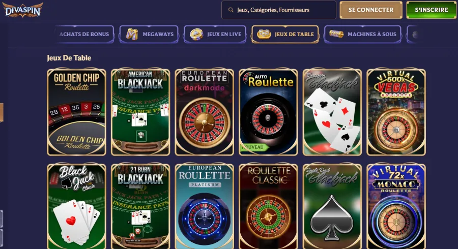 Capture d'écran des jeux de table sur DivaSpin