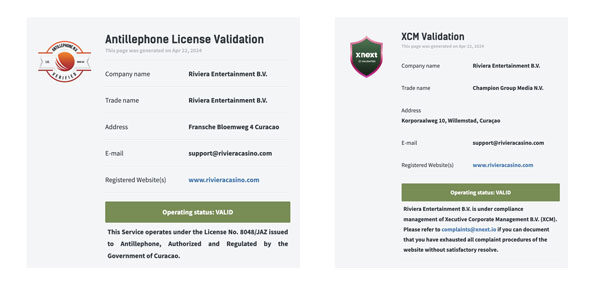 capture d'écran licence riviera casino