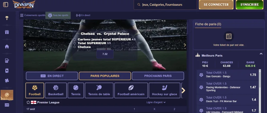 Capture d'écran des paris sportifs sur DivaSpin
