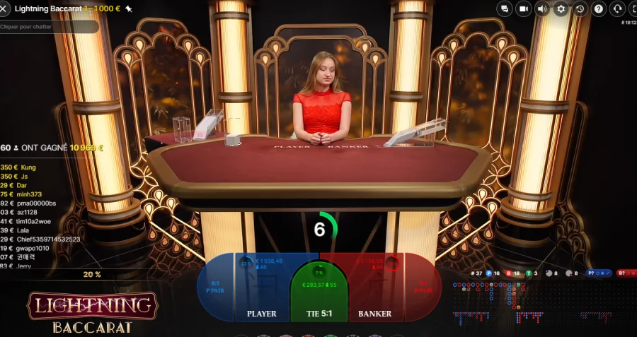 Capture d'écran d'une partie de baccarat en direct