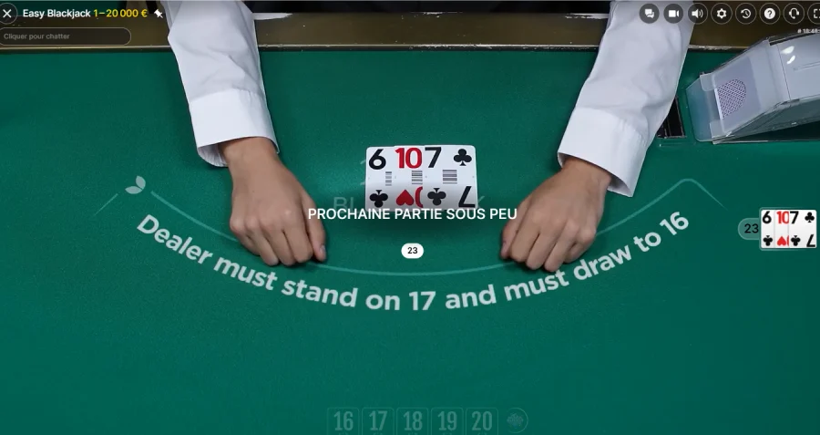 Capture d'écran d'une partie de blackjack en direct