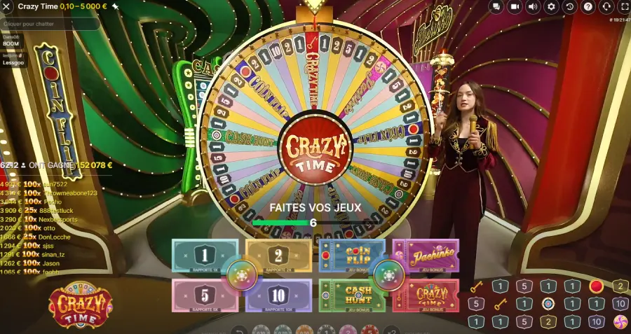 Capture d'écran d'une partie de Crazy Time en direct