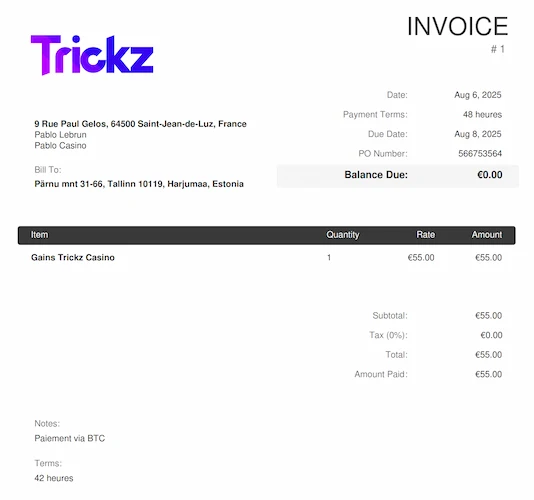 preuve de paiement Trickz Casino