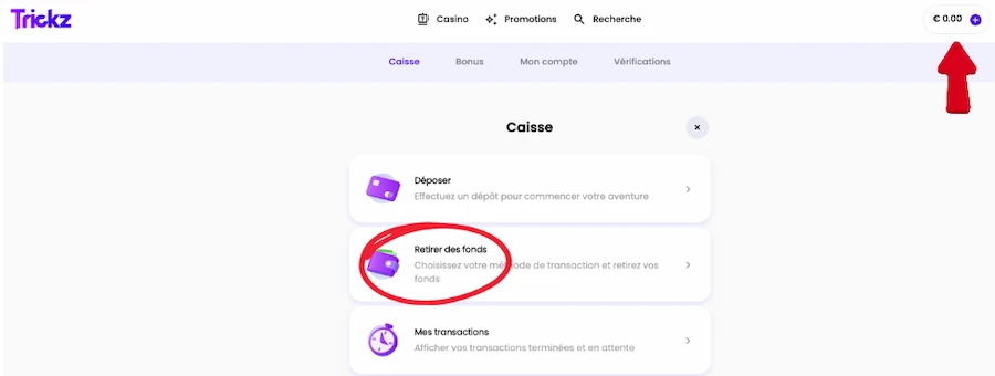 retrait sur Trickz Casino étape 1