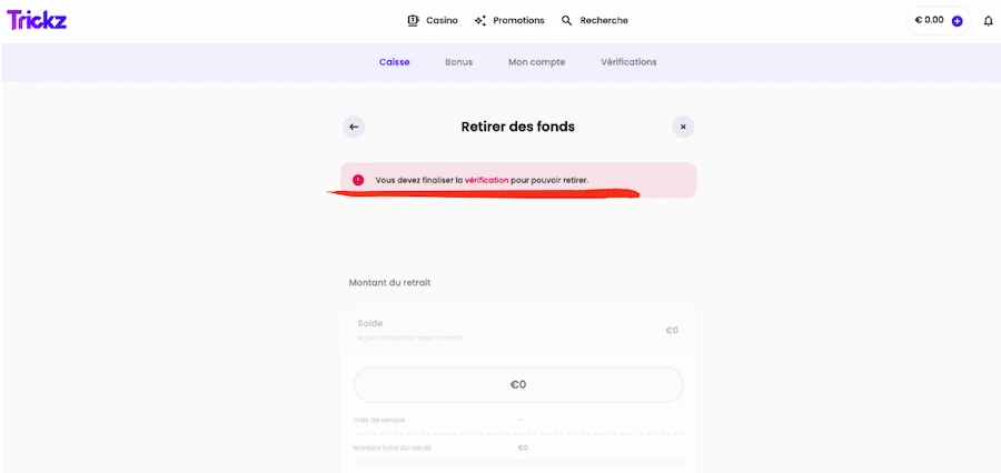 retrait sur Trickz Casino étape 2