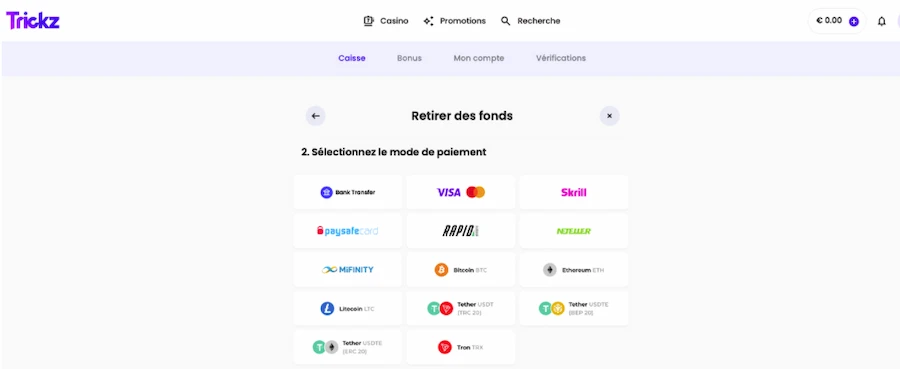 retrait sur Trickz Casino étape 3