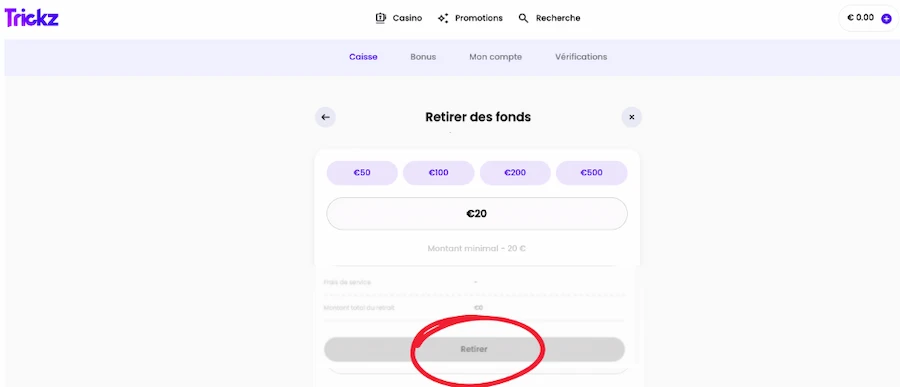 retrait sur Trickz Casino étape 4