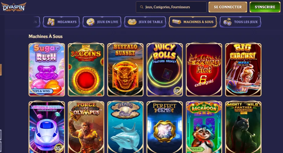Capture d'écran des machines à sous sur DivaSpin