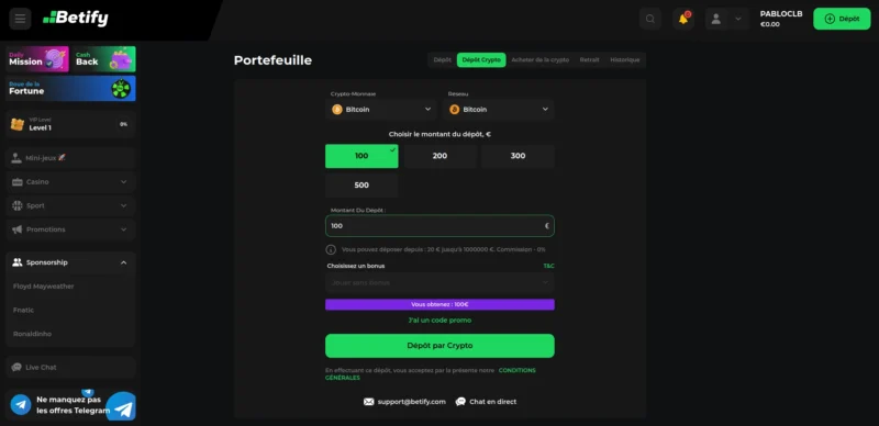 menu dépôt en Bitcoin sur Betify Casino en ligne