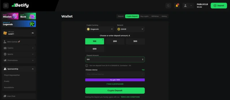 Dépôt en Dogecoin sur Betify Casino en ligne