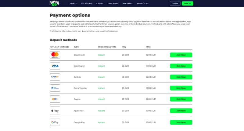 Les méthodes de dépôt sur Pampago Casino en ligne