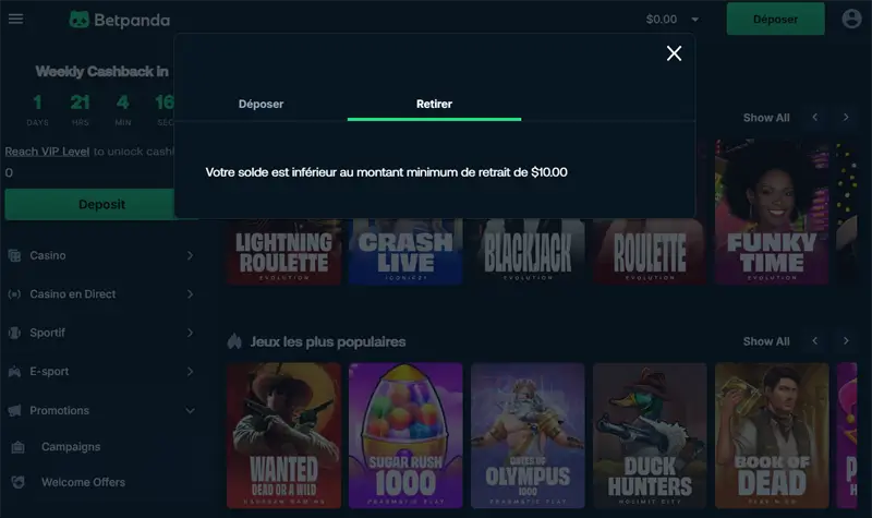 étape 3 retrait dépôt minimum de 1 €
