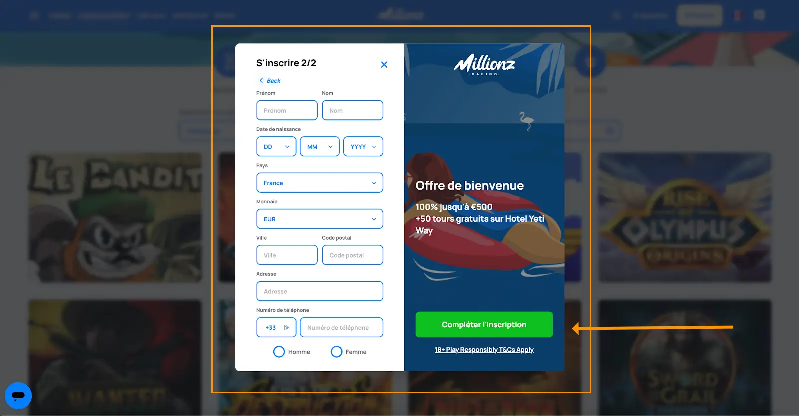 inscription étape 3 millionz casino