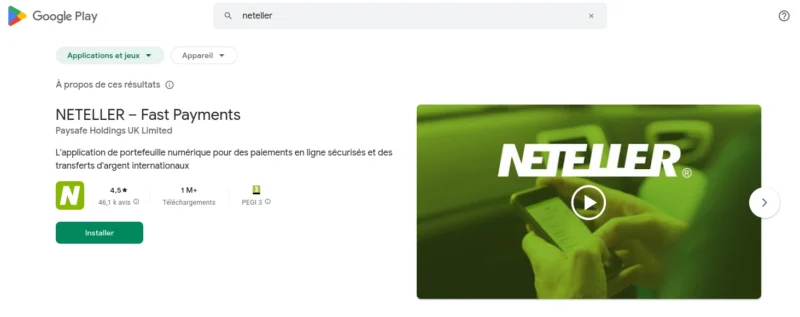 Application Neteller sur Google App Store en ligne.