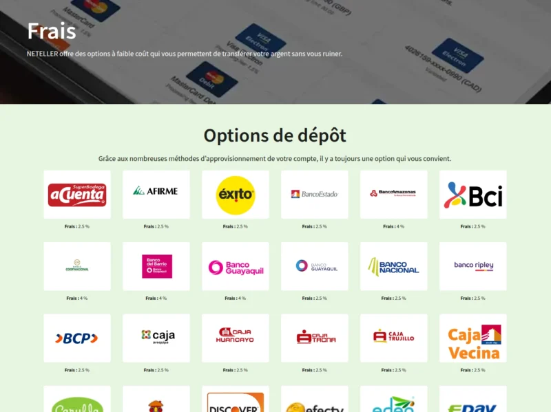 Les options de dépôt proposées sur la plateforme de Neteller.