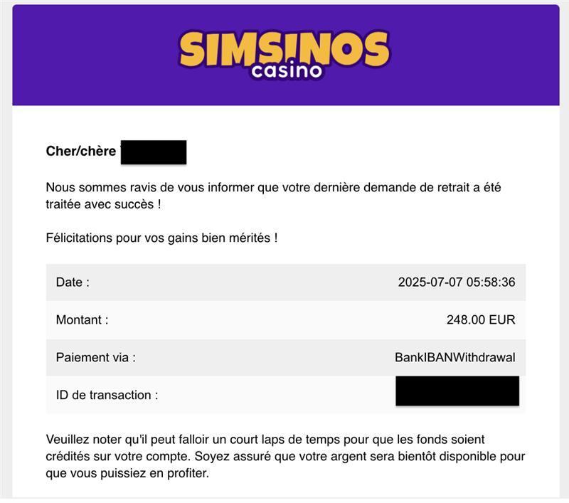 preuve du paiement simsinos