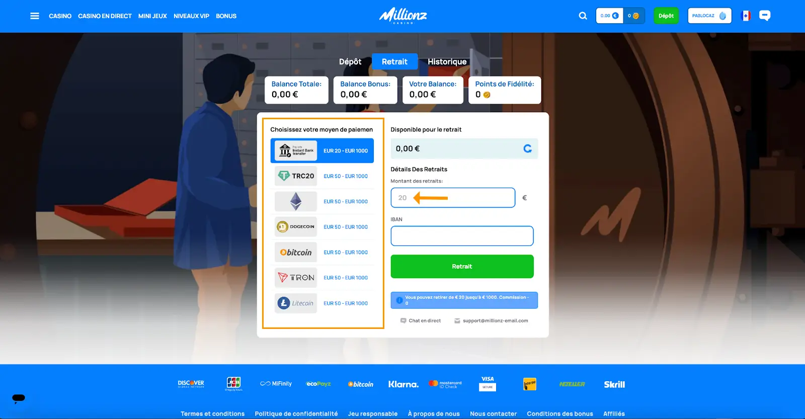 retrait étape 2 millionz casino