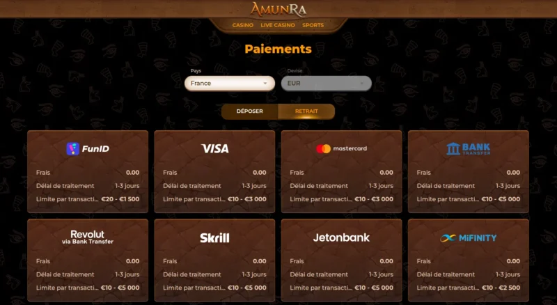 Retrait via Revolut sur AmunRa Casino