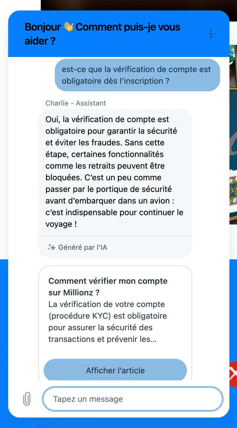 service client millionz casino
