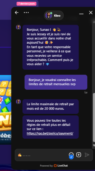 Assistance client IgoBet Casino