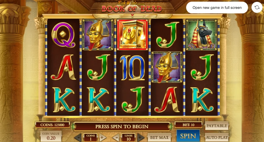 Capture d'écran interface Book of Dead